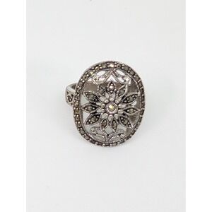 925 Statement Marcasite Ring Gothic Sterling Vintag Art Deco Design Size 7